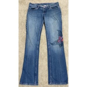 Pink Cookie Jeans Womens 3 Blue Flare Low Rise Distressed Embroidered Y2K Denim